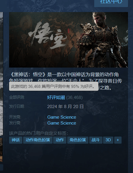 《黑神話：悟空》口碑大爆：Steam 95%好評如潮